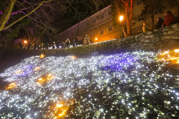 Záhřeb Chorvatsko Března 2018 Lidé Kráčející Osvětlených Jako Květiny Parku — Stock fotografie