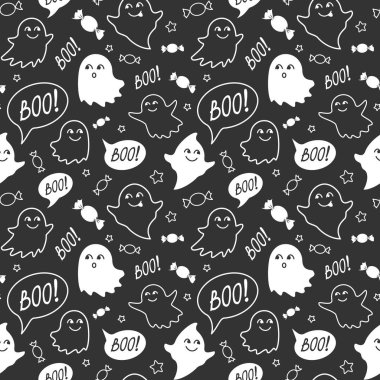 Cadılar Bayramı şenlikli seamless modeli. Sevimli hayaletler, şekerler ve konuşma balonu boo ile gülümseyen siyah sonsuz arka plan