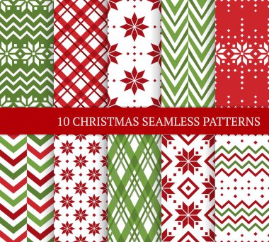 On Noel farklı Dikişsiz desen. Xmas sonsuz doku için duvar kağıdı, web sayfası arka planı, ambalaj kağıdı ve etc. Retro tarzı. Kar taneleri, chevron, argyle, renkli çizgiler ve Nordic motifleri