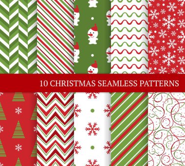 On Noel farklı Dikişsiz desen. Xmas sonsuz doku için duvar kağıdı, web sayfası arka planı, ambalaj kağıdı ve etc. Retro tarzı. Kar taneleri, zigzag, Noel ağacı ve kardan adam.