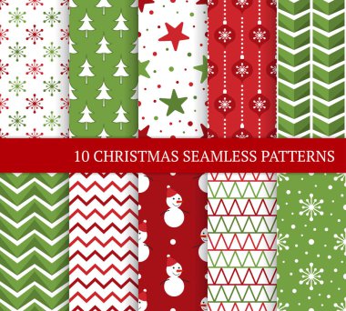 On Noel farklı Dikişsiz desen. Xmas sonsuz doku için duvar kağıdı, web sayfası arka planı, ambalaj kağıdı ve etc. Retro tarzı. Zigzag, kar tanesi, Noel ağacı ve şapka içinde gülümseyen kardan adam