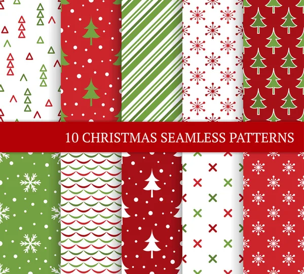 Ten Christmas Different Seamless Patterns Xmas Endless Texture Wallpaper Web — Stock Vector