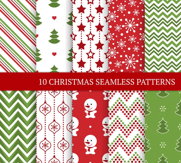 十个不同的圣诞节无缝模式 圣诞节无尽的纹理壁纸 网页背景 包装纸等 Zigzags 微笑的雪人 圣诞树和球 — 图库矢量图片