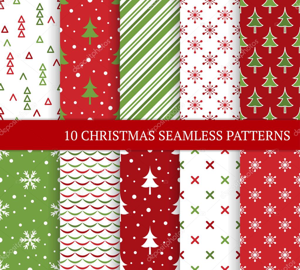 Ten Christmas different seamless patterns. Xmas endless texture for wallpaper, web page background, wrapping paper and etc. Retro style. Snowflake, Christmas tree and abstract ornament