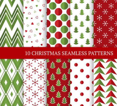 On Noel farklı Dikişsiz desen. Xmas sonsuz doku için duvar kağıdı, web sayfası arka planı, ambalaj kağıdı ve etc. Düz stil. Zikzaklar, kalp, daireler, Noel ağaçları, kar taneleri