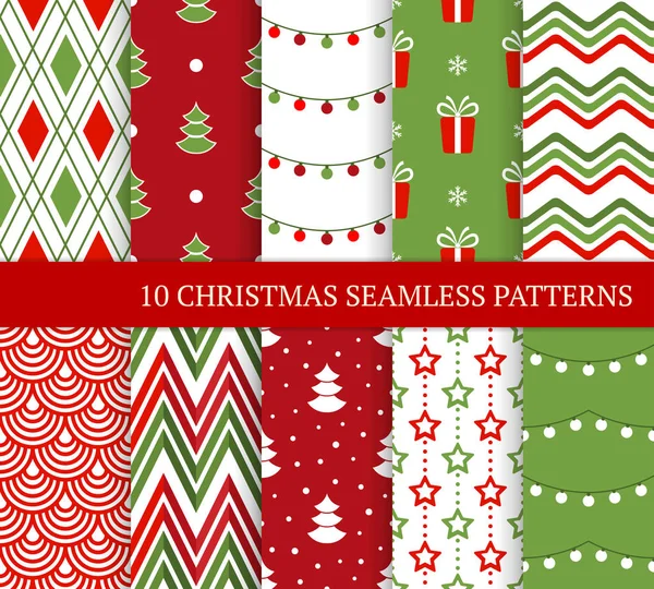 Ten Christmas Different Seamless Patterns Xmas Endless Texture Wallpaper Web — Stock Vector