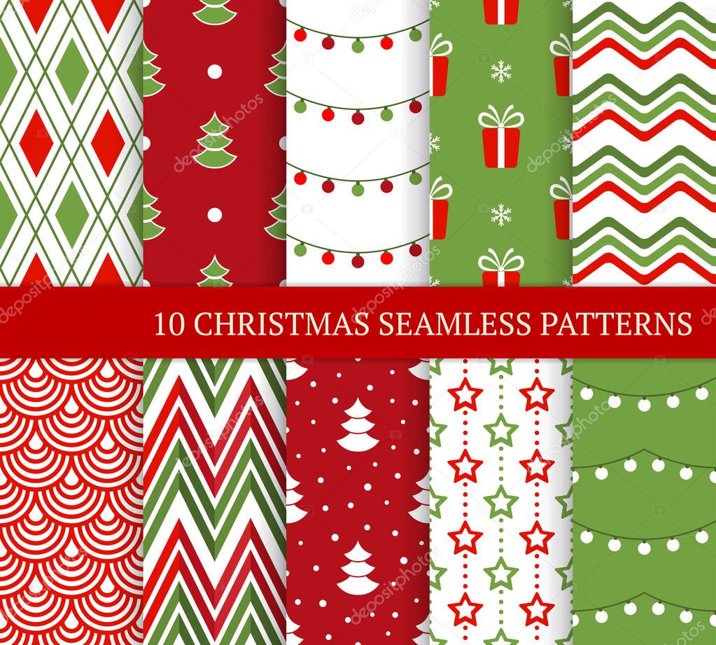 Ten Christmas different seamless patterns. Xmas endless texture for wallpaper, web page background, wrapping paper and etc. Retro style. Zigzag, gift, snowflake, argyle, Christmas lights and tree