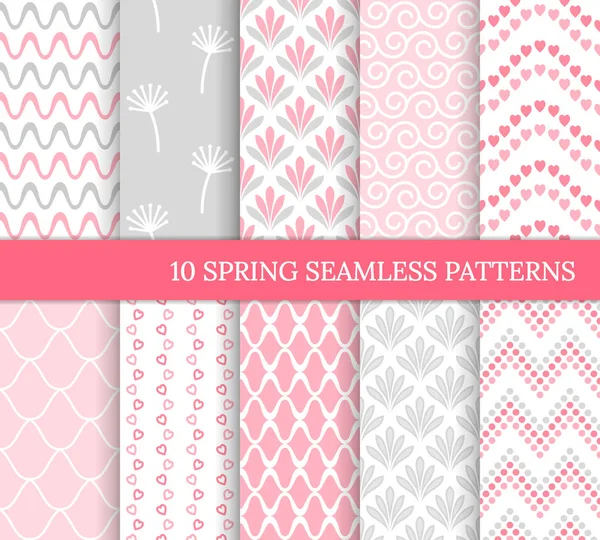 Ten Spring Seamless Patterns Romantic Pink Backgrounds Valentine Mother Day — Stock Vector