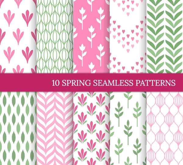Ten Spring Seamless Patterns Romantic Pink Green Backgrounds Wedding Mother — Stock Vector