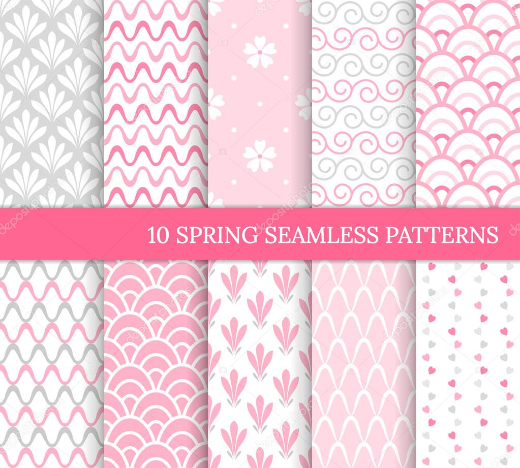 Ten spring seamless patterns. Romantic pink backgrounds for wedding or Mother's day. Endless delicate texture for wallpaper, web page, wrapping paper. Retro style. Wave, flower, curl, heart, tile
