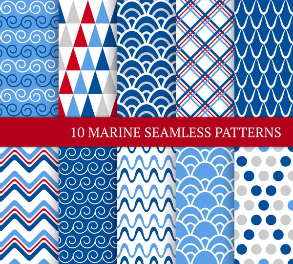 Ten marine different seamless patterns. Vector illustration for — Stock Vector