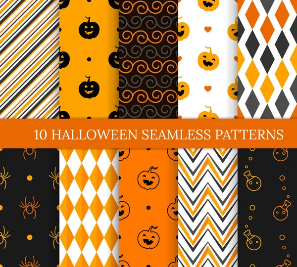Dez Halloween diferentes padrões sem costura . — Vetor de Stock