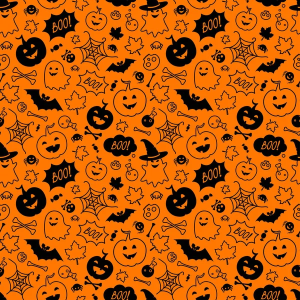 Fondo de Halloween con fantasmas, cráneos, huesos, pociones, murciélagos Gráficos Vectoriales