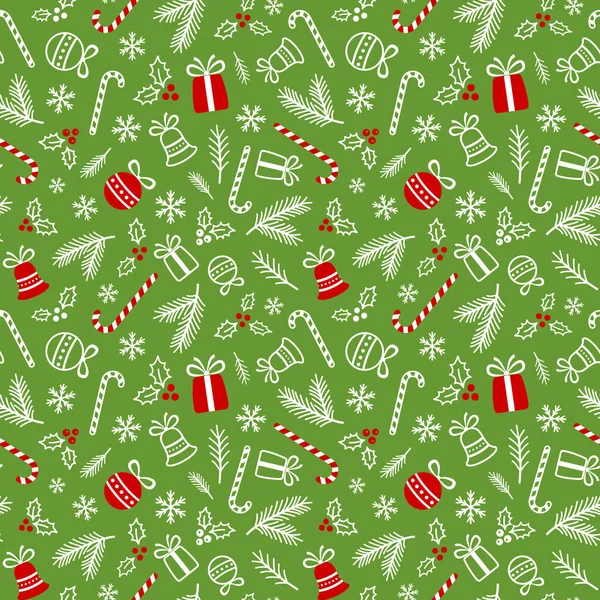 Fondo de Navidad con campanas, bolas, bayas de acebo, regalos — Vector de stock