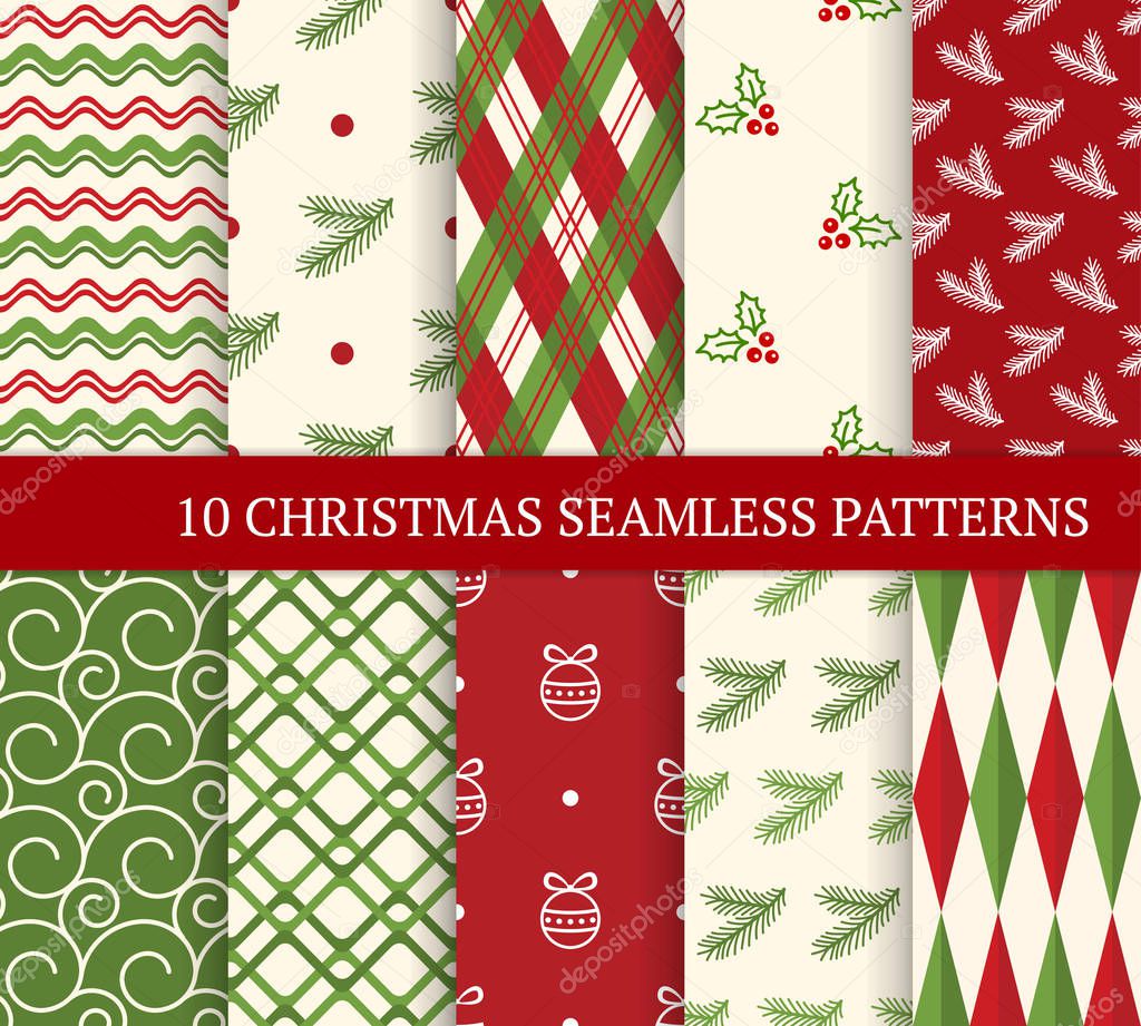 Ten Christmas different seamless patterns. Xmas endless texture 