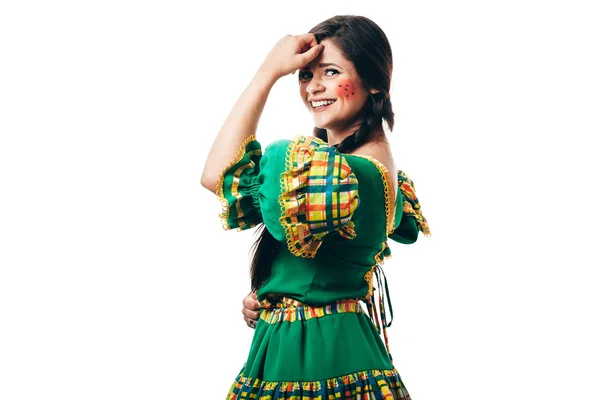 Mulher Brasileira Dançando Vestindo Roupas Típicas Para Festa Junina — Fotografia de Stock