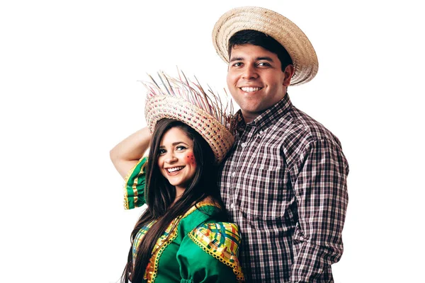 Jovem Casal Brasileiro Vestindo Roupas Típicas Para Festa Junina — Fotografia de Stock