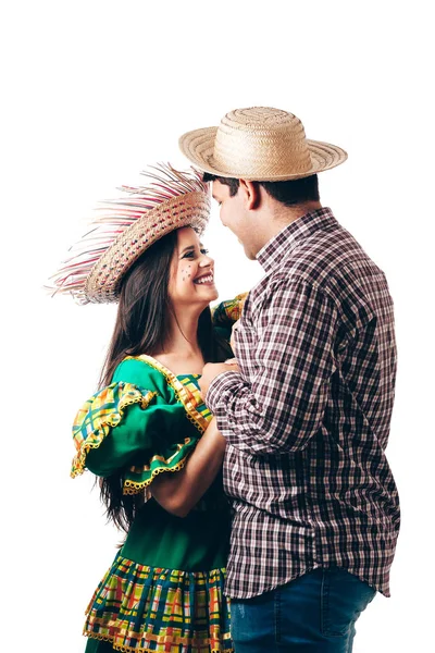 Jovem Casal Brasileiro Vestindo Roupas Típicas Para Festa Junina — Fotografia de Stock