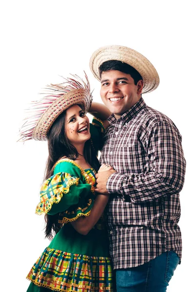 Jovem Casal Brasileiro Vestindo Roupas Típicas Para Festa Junina — Fotografia de Stock