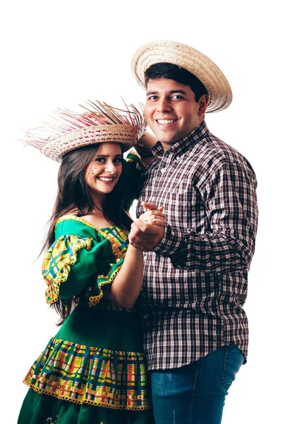 Jovem Casal Brasileiro Vestindo Roupas Típicas Para Festa Junina — Fotografia de Stock