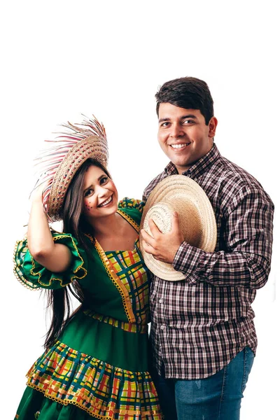 Jovem Casal Brasileiro Vestindo Roupas Típicas Para Festa Junina — Fotografia de Stock