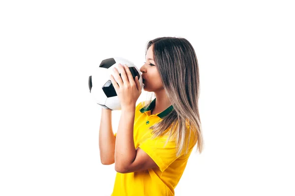 Mulher Futebol Com Bola Isolada Fundo Branco — Fotografia de Stock