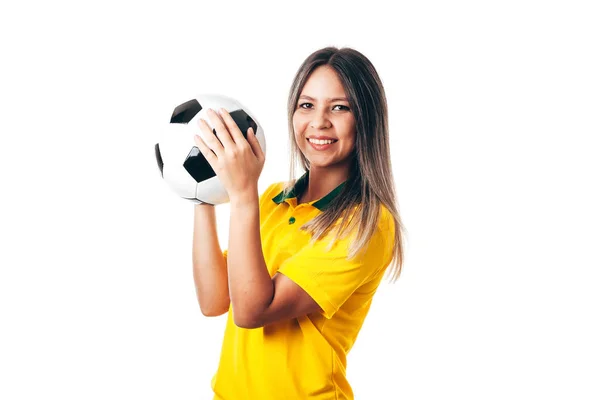 Woman Soccer Fan Ball Isolated White Background — Stock Photo, Image