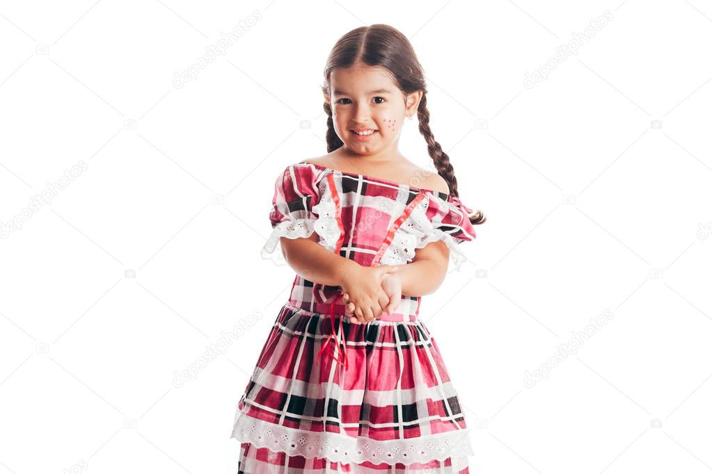 Little girl wearing traditional clothes for the June Festival isolated on white background