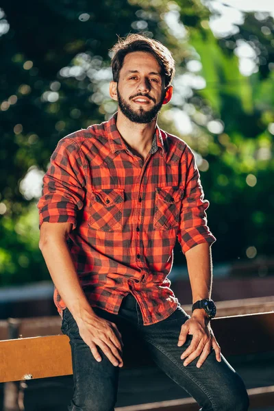Young Handsome Man Sitting Fence Farm — Stock Photo, Image