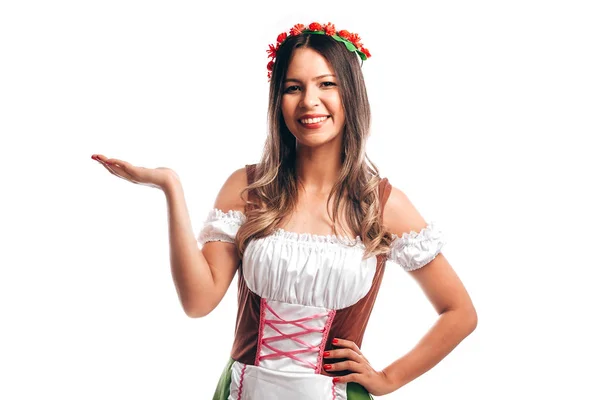 Mujer Bávara Celebrando Oktoberfest Aislado Sobre Fondo Blanco — Foto de Stock