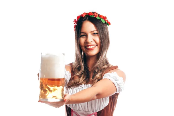 Beierse Vrouw Vieren Het Oktoberfest Geïsoleerd Witte Achtergrond — Stockfoto