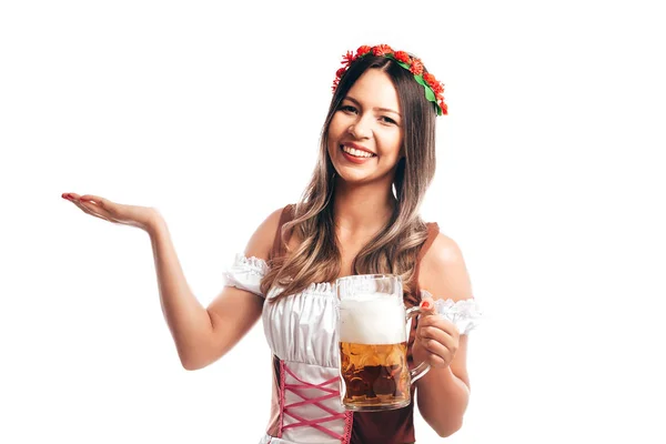 Beierse Vrouw Vieren Het Oktoberfest Geïsoleerd Witte Achtergrond — Stockfoto