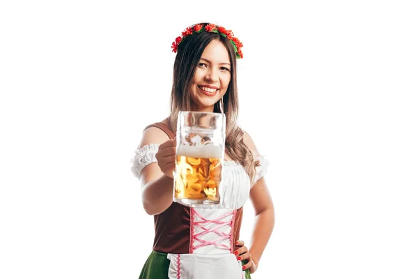 Баварская Женщина Празднующая Октоберфест Изолирована Белом Фоне — стоковое фото