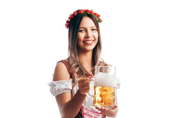 Beierse Vrouw Vieren Het Oktoberfest Geïsoleerd Witte Achtergrond — Stockfoto