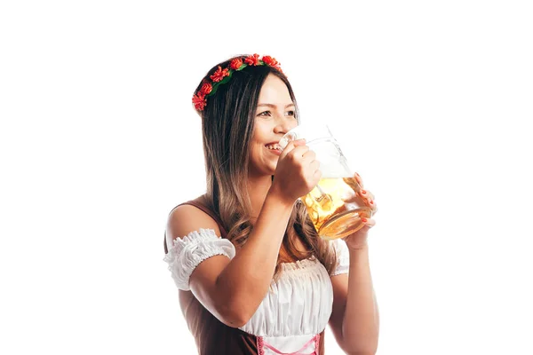 Beierse Vrouw Vieren Het Oktoberfest Geïsoleerd Witte Achtergrond — Stockfoto