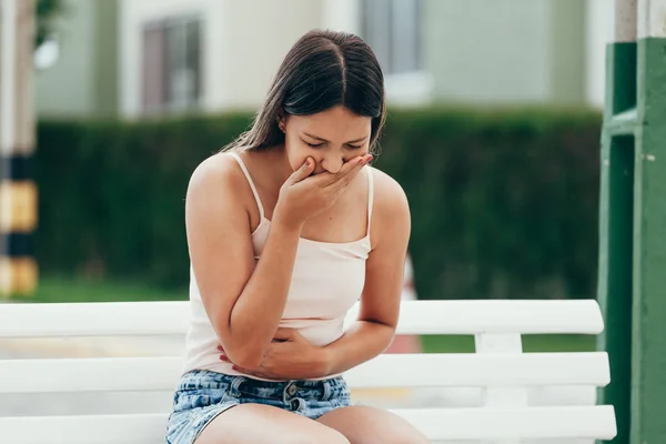 Portrait Young Woman Sick Vomiting Outdoors — Stok Foto