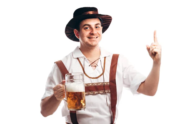Людина Традиційному Баварському Одязі Тримає Чашку Пива — стокове фото