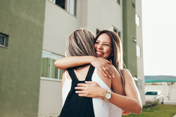 Happy Meeting Two Friends Hugging Street — Stok Foto