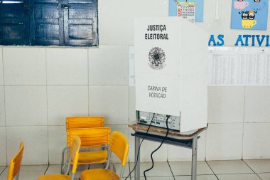 Picui, Paraiba, Brazil - October 7, 2018. Elections in Brazil. Voting booth during the first round of the 2018 general elections in Brazil. clipart