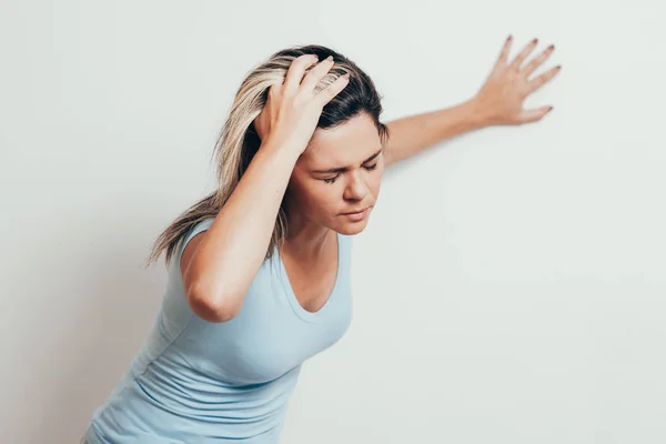 Woman Suffering Dizziness Difficulty Standing While Leaning Wall Stock Photo