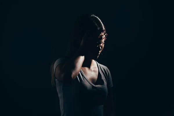 Treurige Vrouw Donkere Kamer Depressie Angst Stoornis Concept — Stockfoto