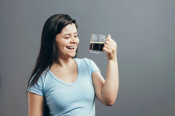 Portrait Young Woman Drinking Coffee Gray Background — Stock Photo, Image