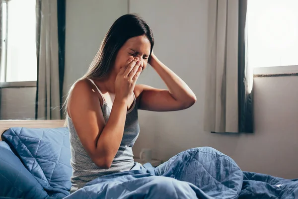 Sinus Pain Sinus Pressure Sinusitis Sad Woman Holding Her Nose — Stock Photo, Image