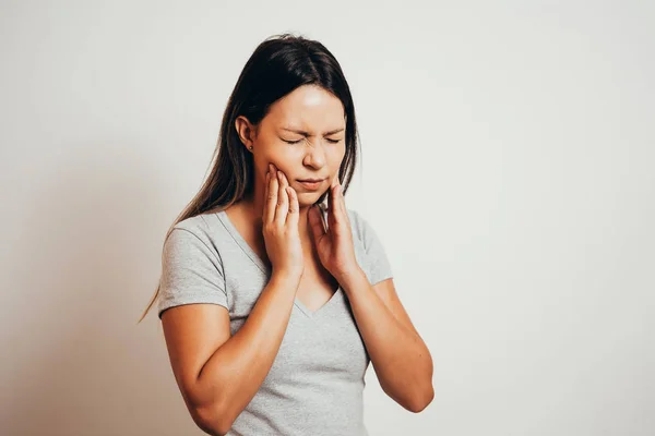 Unhappy Woman Feel Pain Her Teeth Isolated Gray Background — Stock Photo, Image