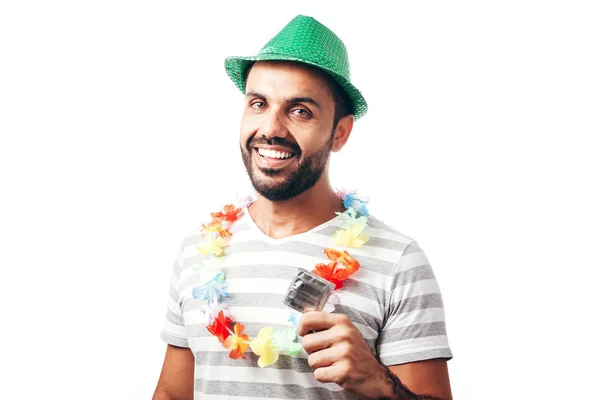 Portret Van Jonge Braziliaanse Man Draagt Carnaval Kostuum Met Een — Stockfoto