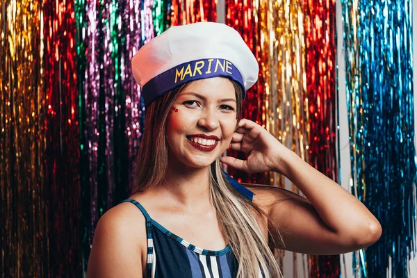 Mujer Joven Con Traje Marinero Celebrando Fiesta Carnaval —  Fotos de Stock