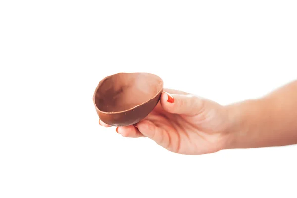 Mão Feminina Segurando Ovo Páscoa Chocolate Fundo Branco — Fotografia de Stock