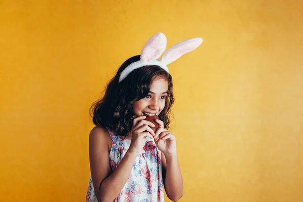 Cute Little Child Wearing Bunny Ears Easter Day Color Background — Stock Photo, Image