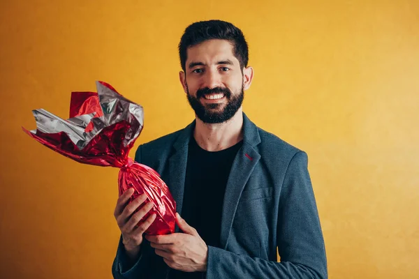 Happy Easter Happy Man Holding Chocolate Easter Egg — Stock Photo, Image