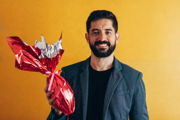 Happy Easter Happy Man Holding Chocolate Easter Egg — Stock Photo, Image